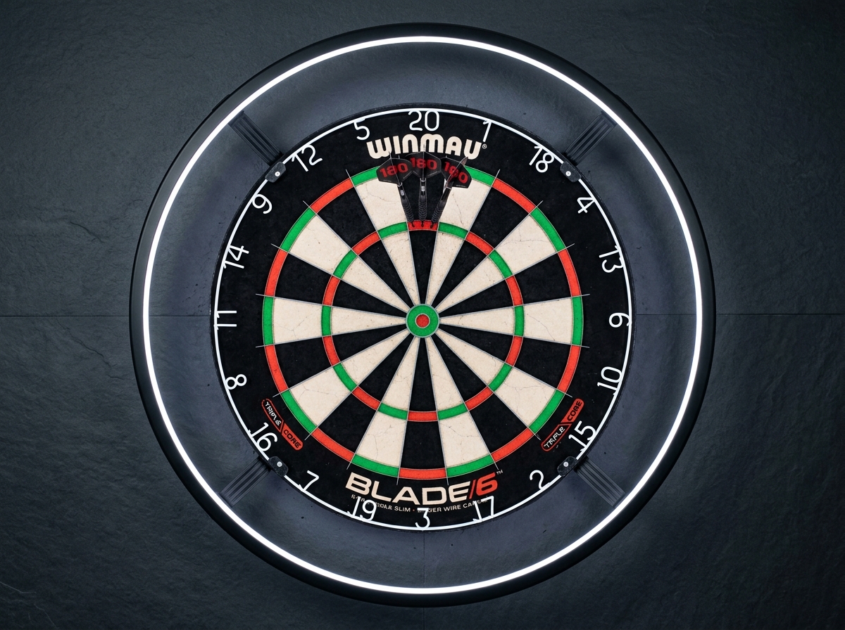 Winmau Blade 6 Steeldart-Scheibe an der Wand mit Triple 20 Wurf (180)
